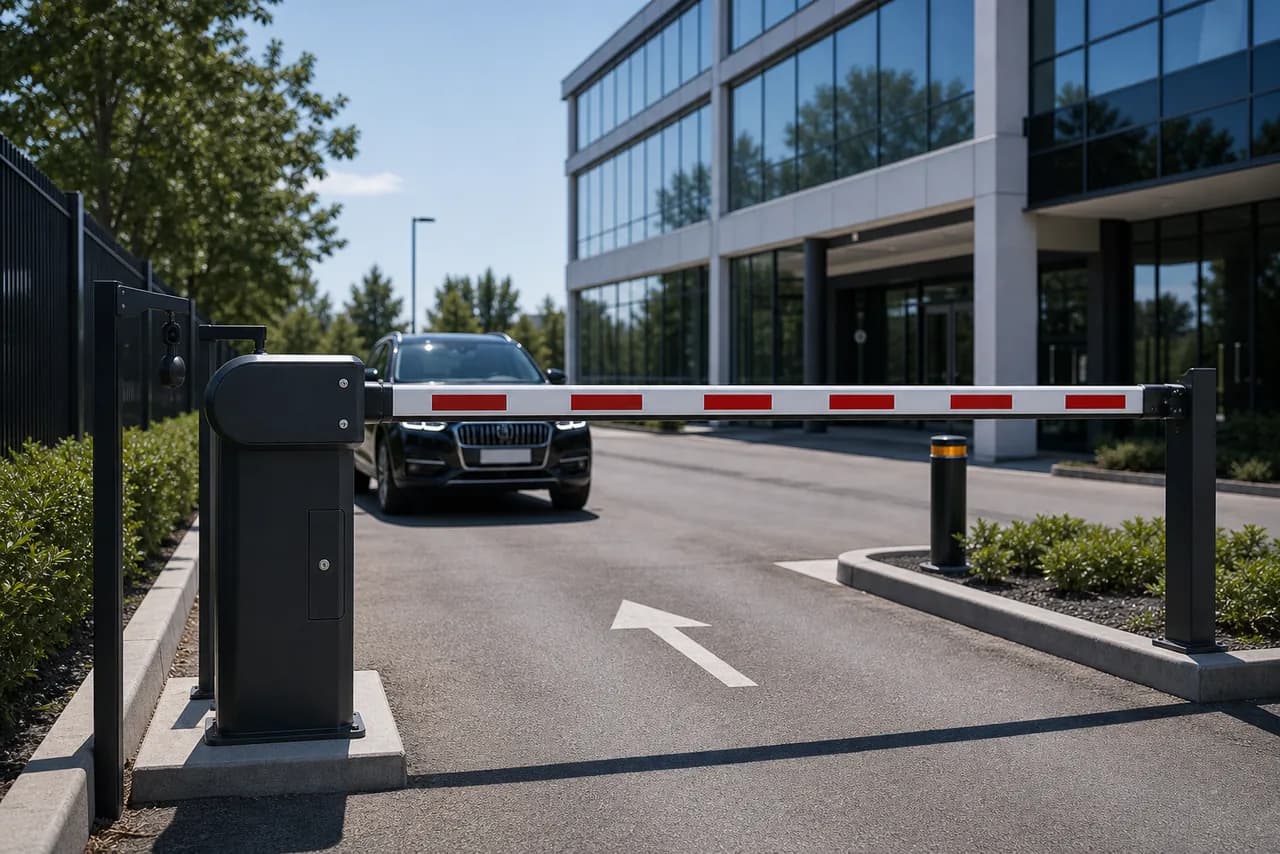 Fast-action boom barrier controlling access to a commercial car park entrance