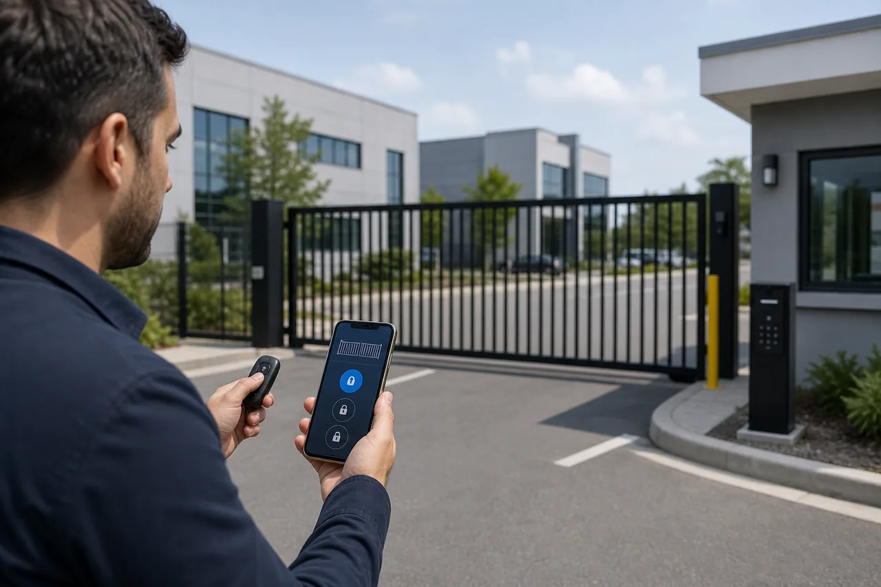 Facility manager operating an automated gate from a mobile phone and access remote