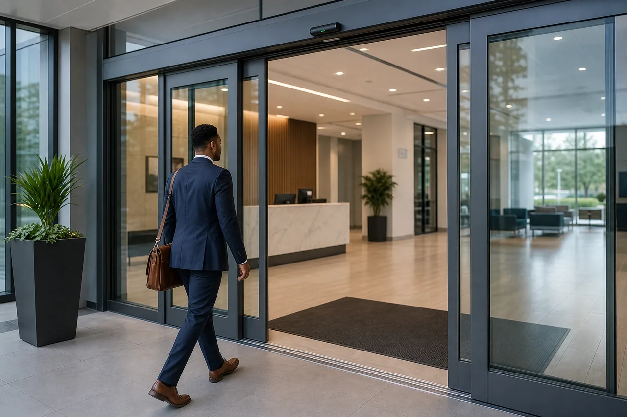 Sensor-triggered automated sliding glass doors at a professional office entrance