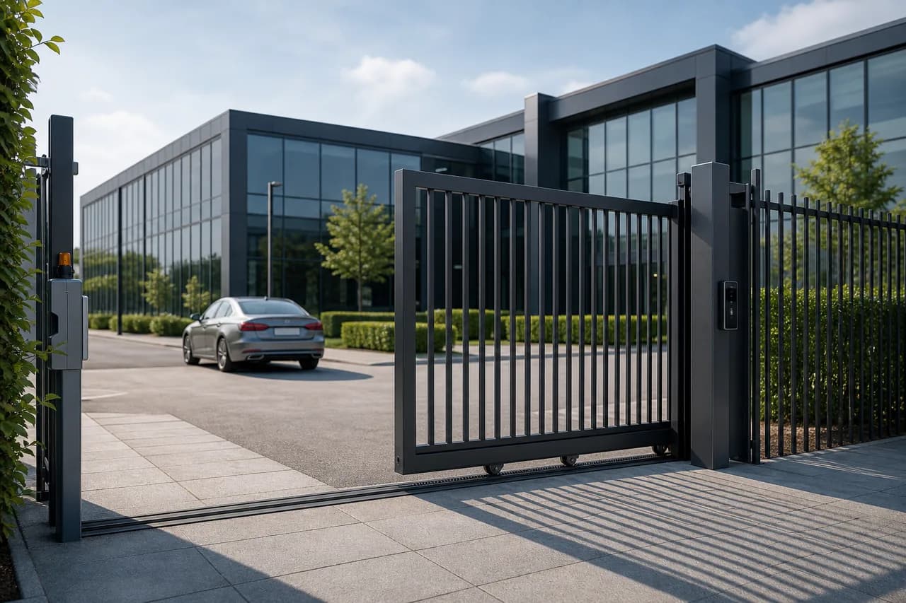 Motorized sliding gate controlling vehicle and pedestrian entry at a modern facility