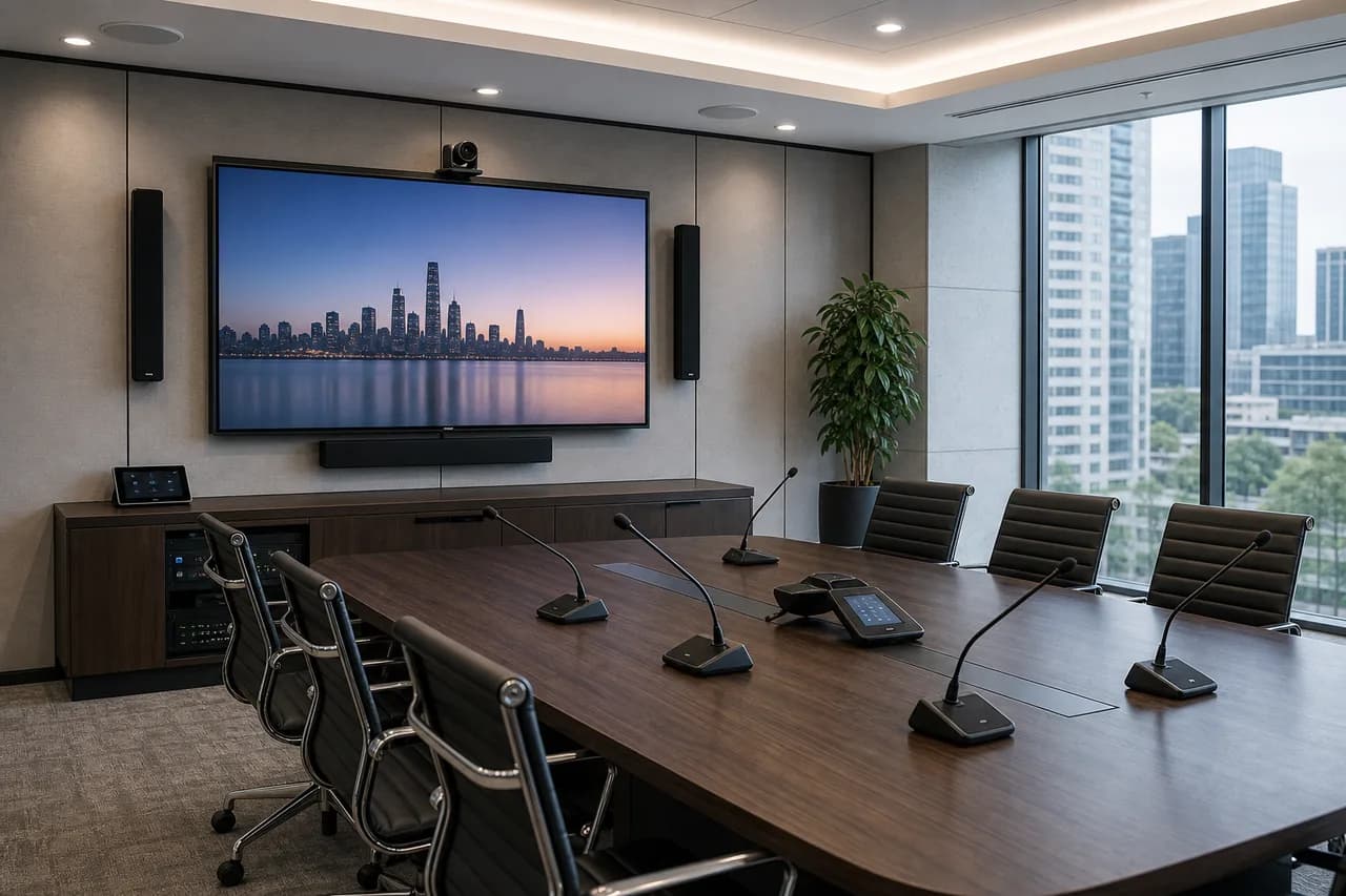 Modern conference room with professional display audio and video conferencing setup