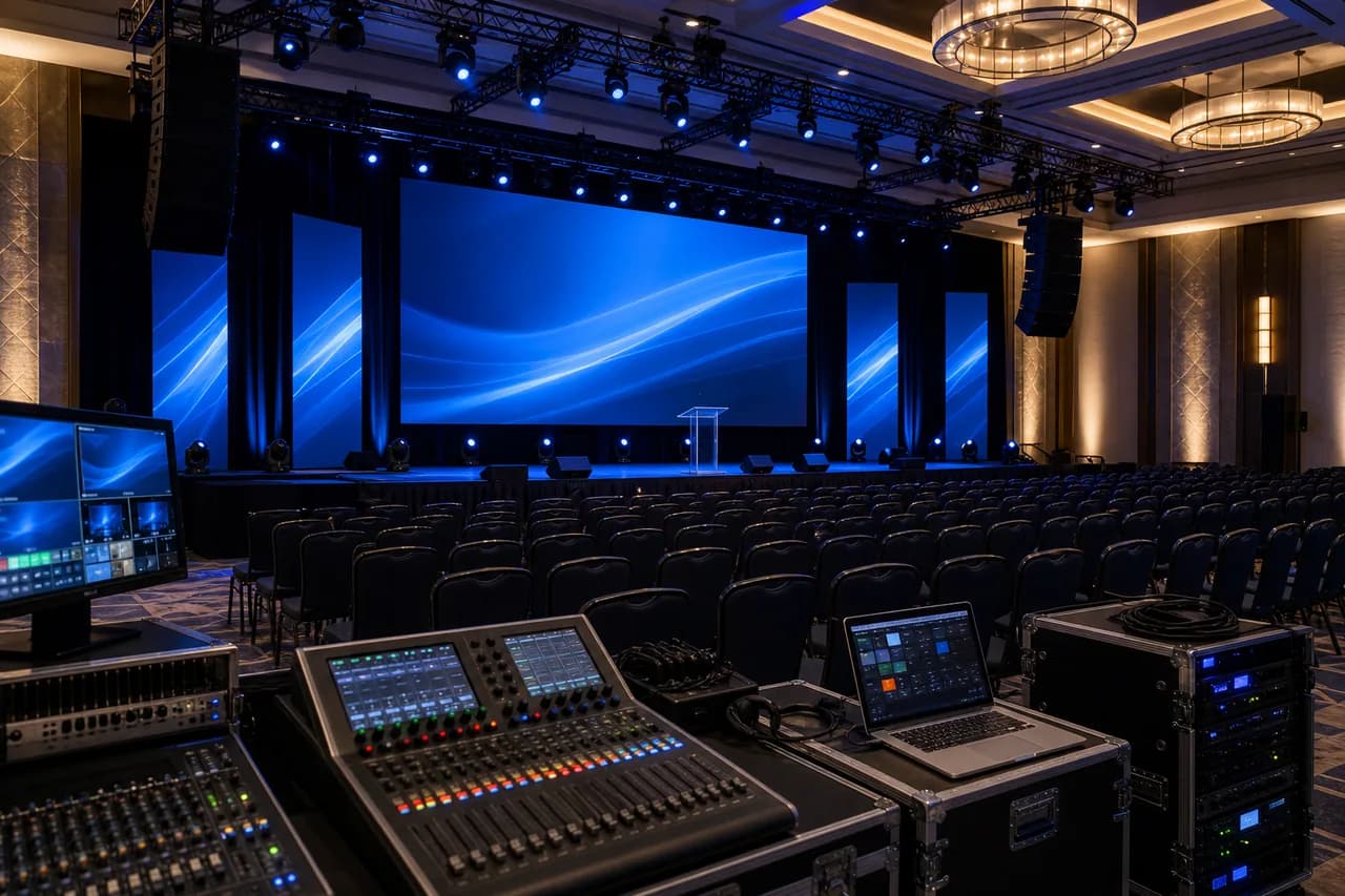 Professional event production setup with stage lighting display screens and audio equipment