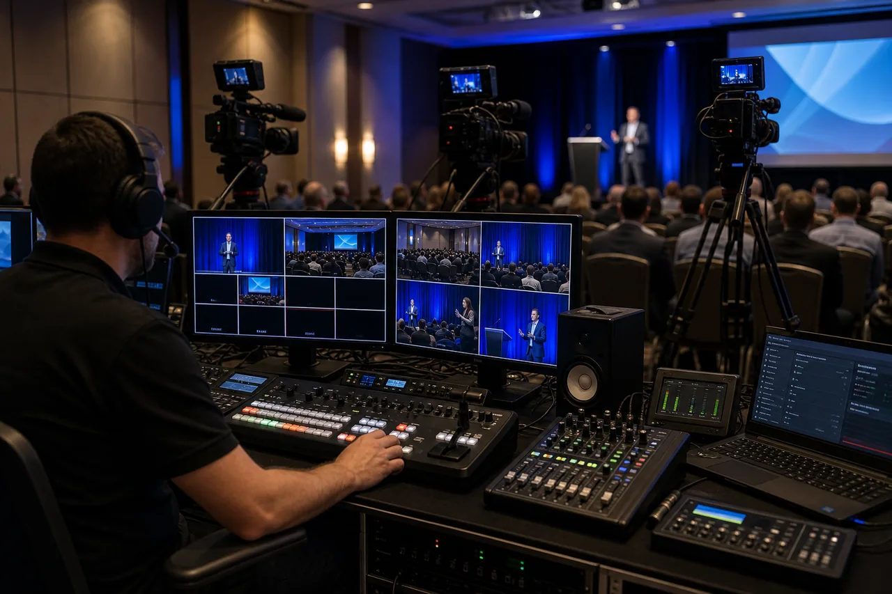 Professional multi-camera livestreaming control setup for a business event