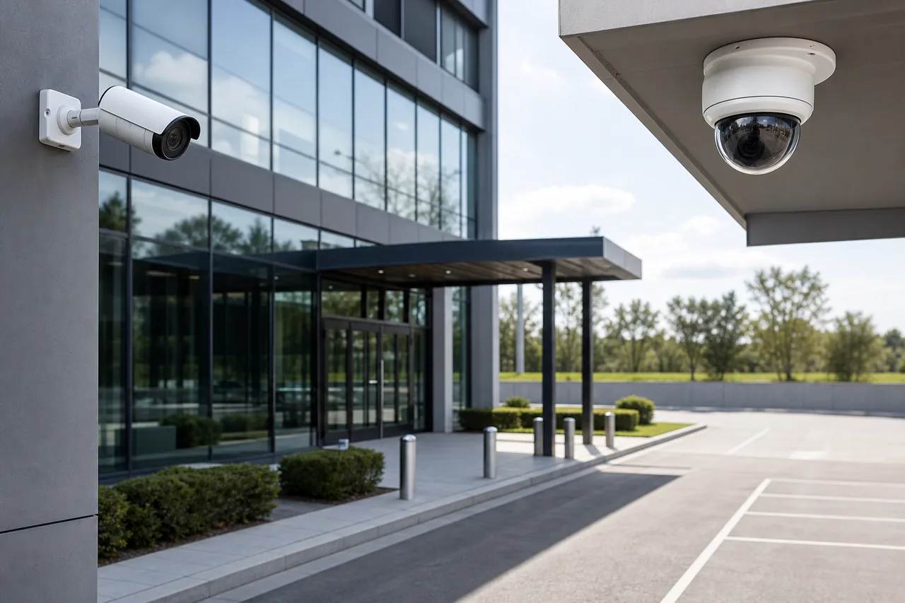 Modern CCTV camera network covering a commercial building entrance and perimeter