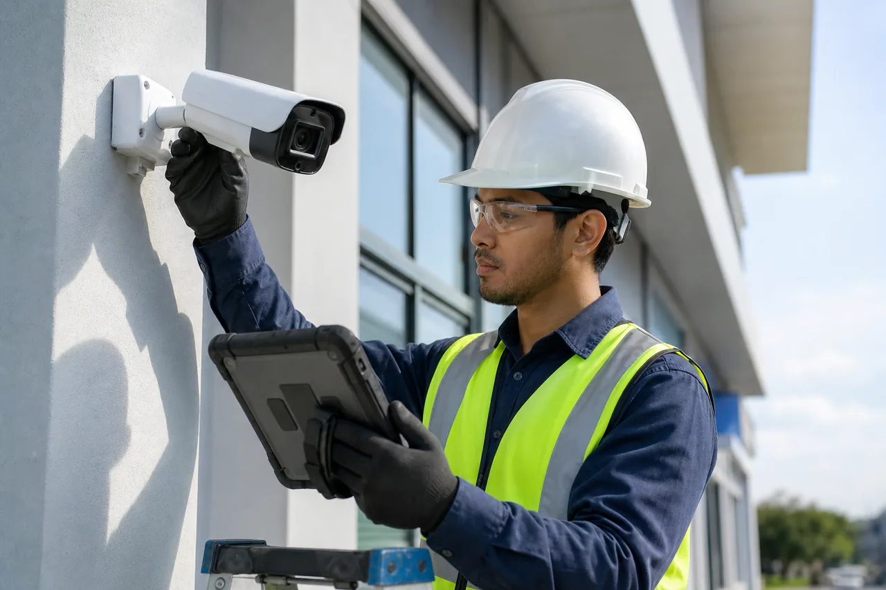 Field engineer commissioning a commercial surveillance system on site