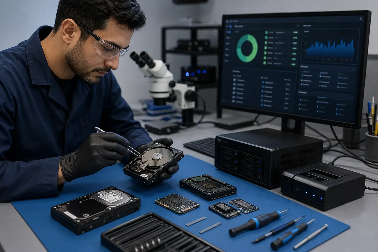 Technician migrating files and settings from an old computer to a new business laptop