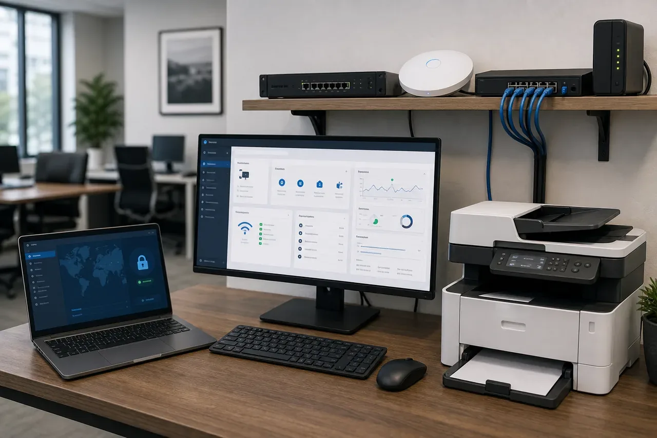 New office computer connected to business network email printers and shared drives