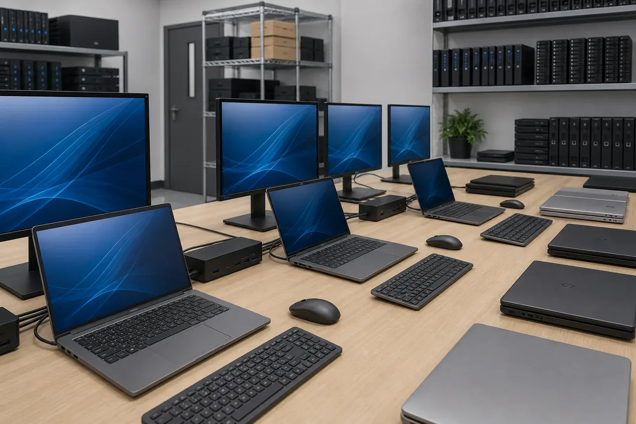 Technician configuring operating system and business software on new office computers