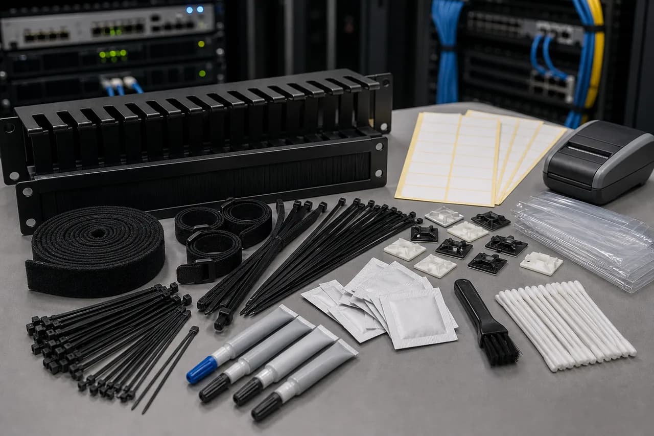 Cable management kits labels ties and cleaning tools organized for data centre maintenance