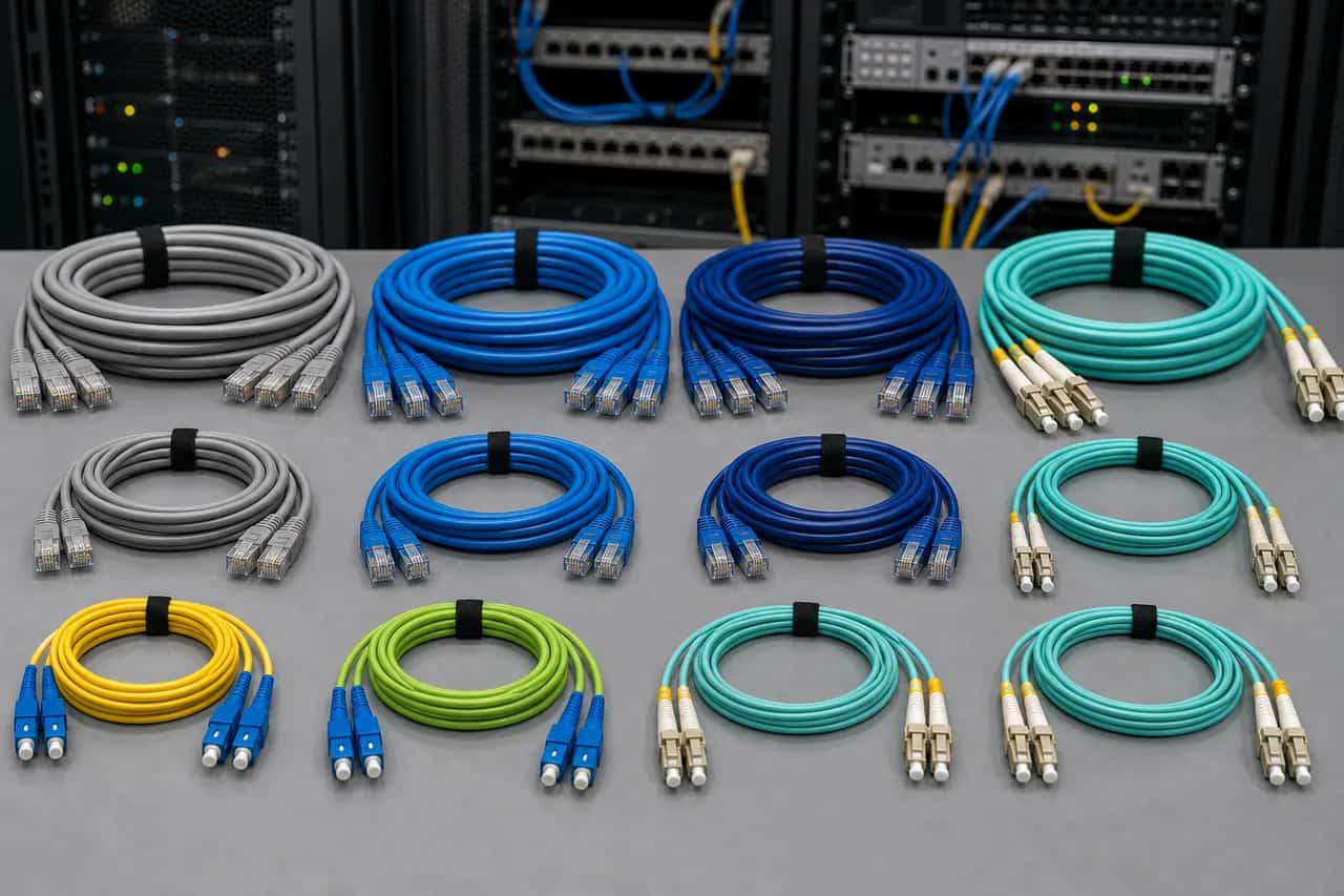 Organized copper and fibre patch cables prepared for data centre connectivity work