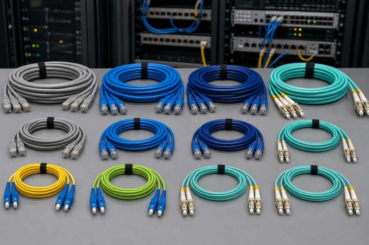 Organized copper and fibre patch cables prepared for data centre connectivity work
