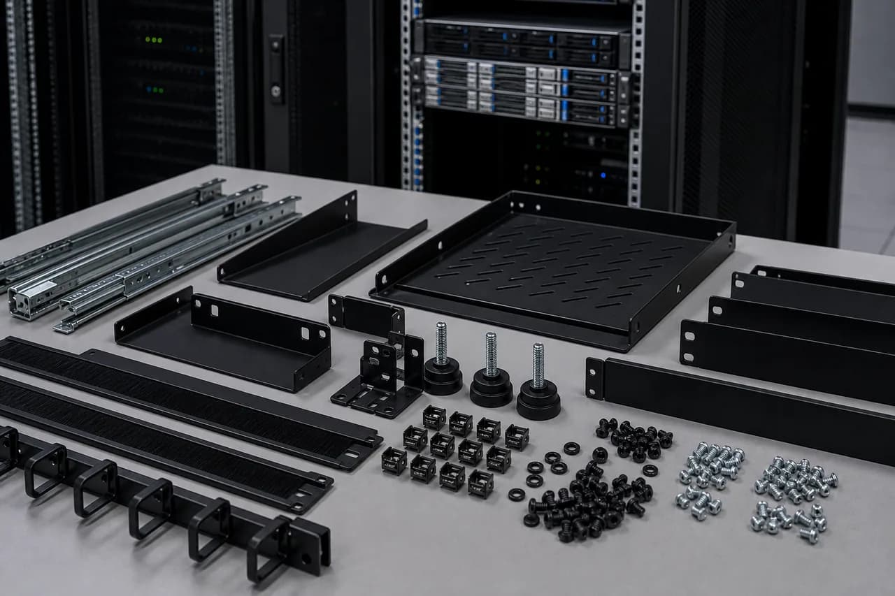 Rack hardware accessories including cage nuts blanking panels rails and brackets organized for installation