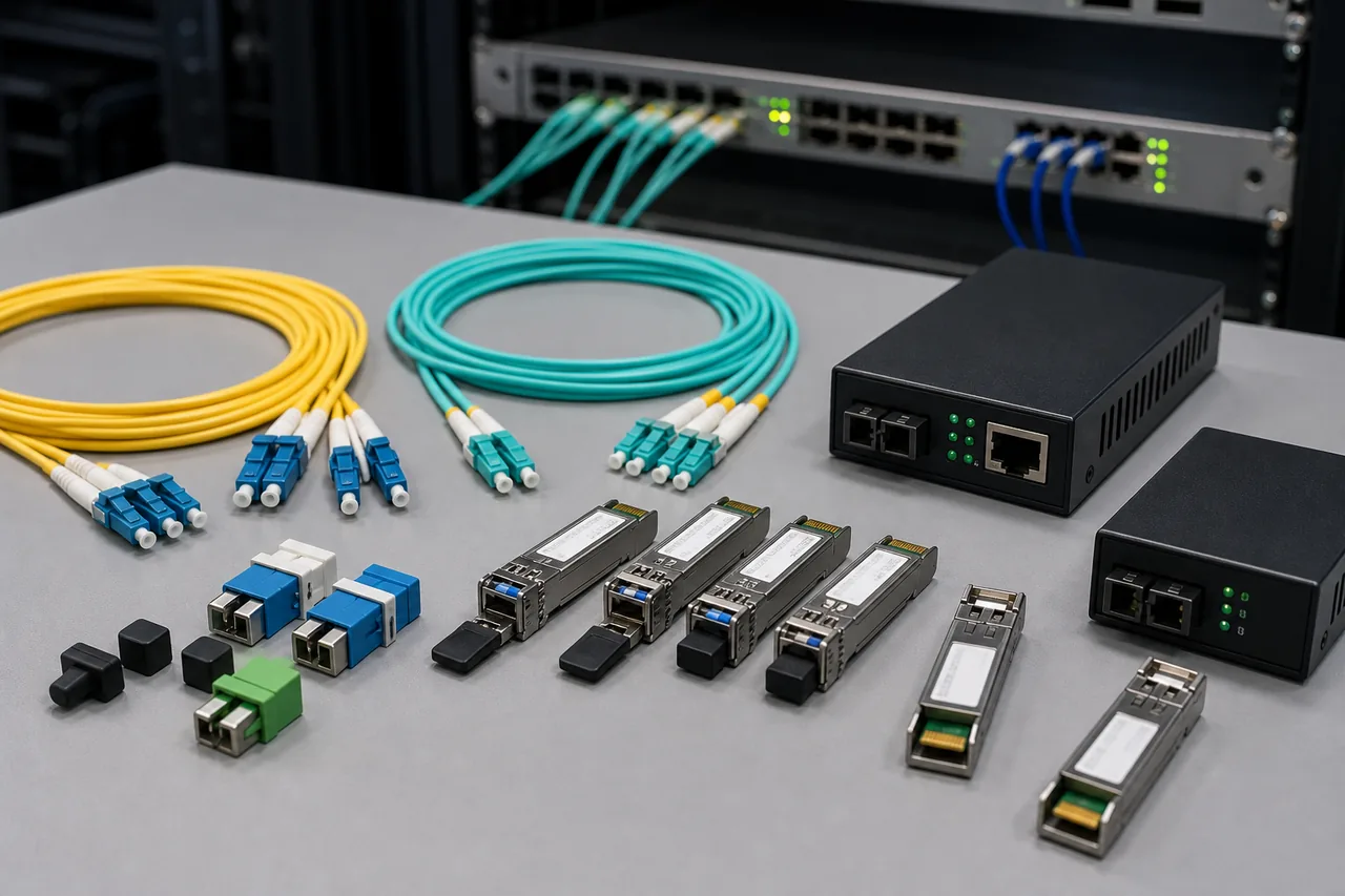 SFP transceiver modules and fibre connectivity accessories arranged for network installation