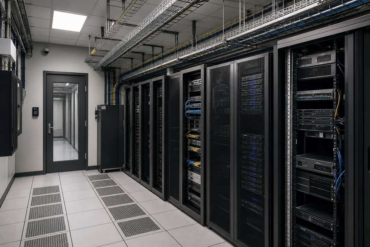 Professional server room build-out with racks, power, and security planning