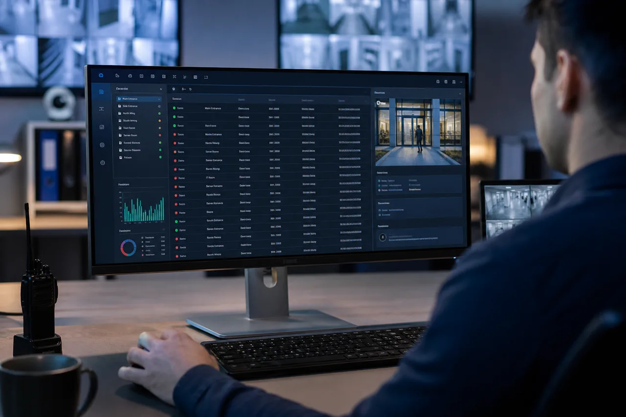 Access control event log review on a workstation in a secure operations room