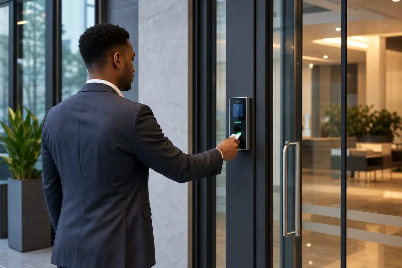 Professional access control reader and credential verification at a modern office entrance