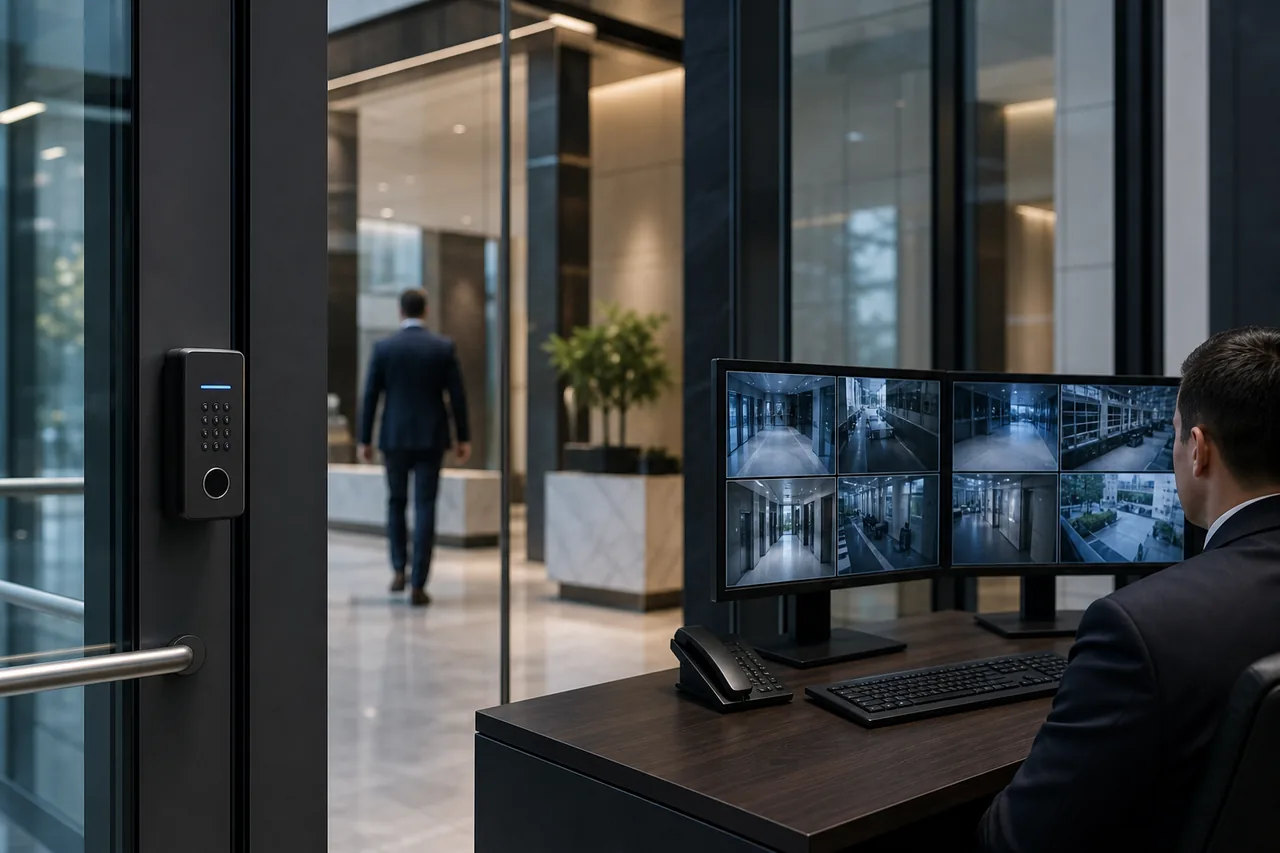 Integrated office security setup combining door access control and CCTV monitoring