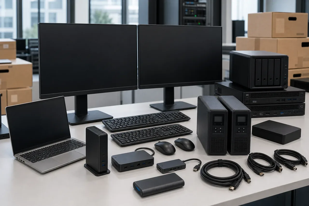 Professional IT accessories monitors docking stations and peripherals prepared for deployment