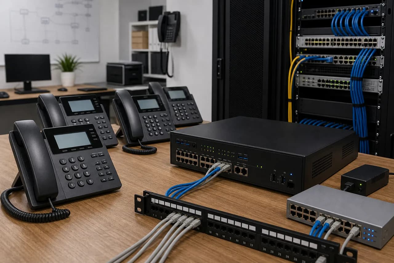 Modern IP PBX telephone system deployment in a business communications room