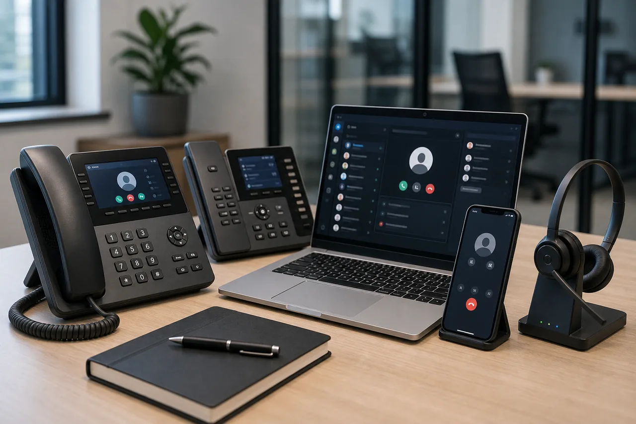 Business IP phones and softphone apps prepared for office and mobile communication