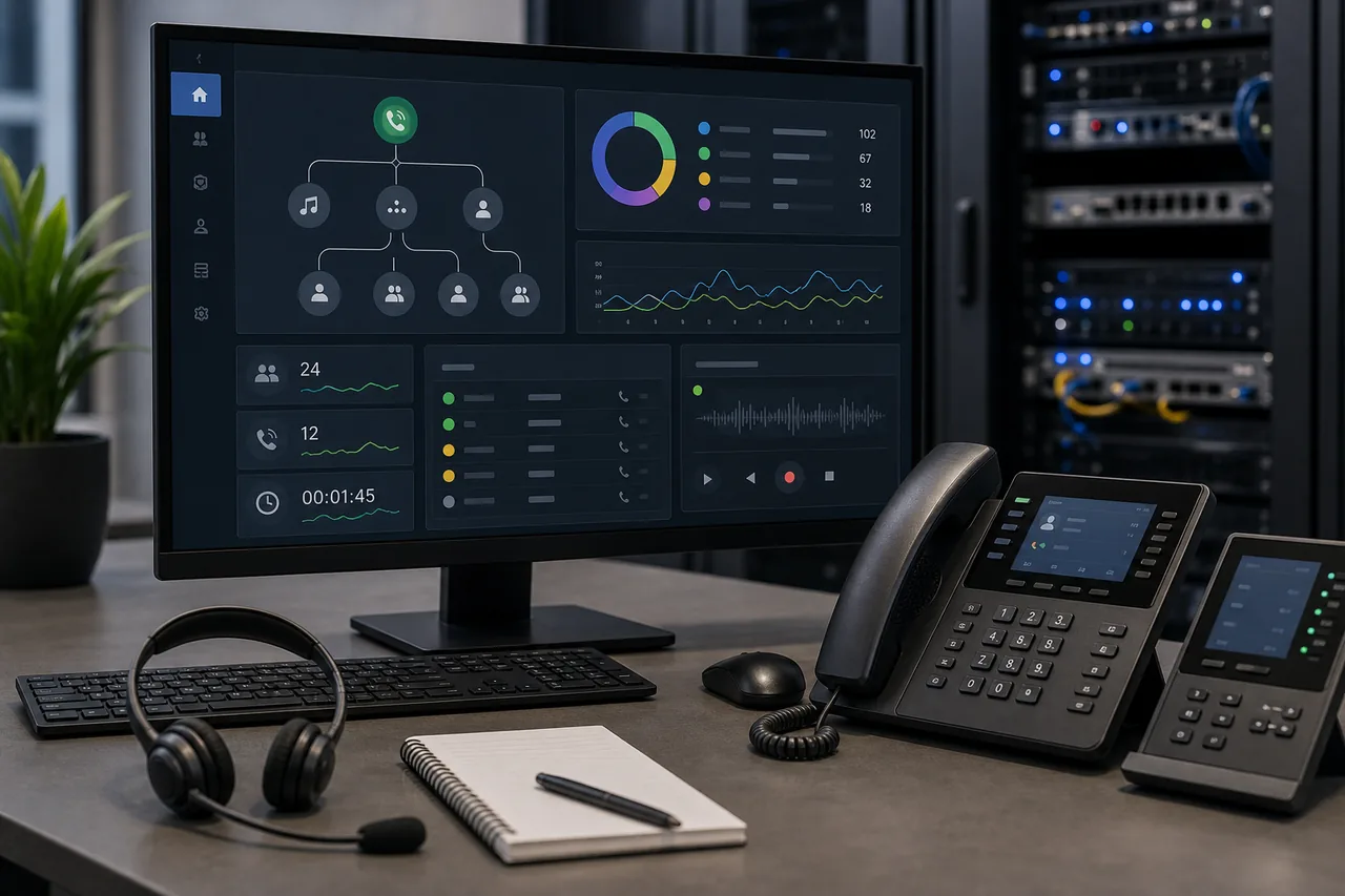 Office telephony dashboard showing call queues voicemail and smart business phone features