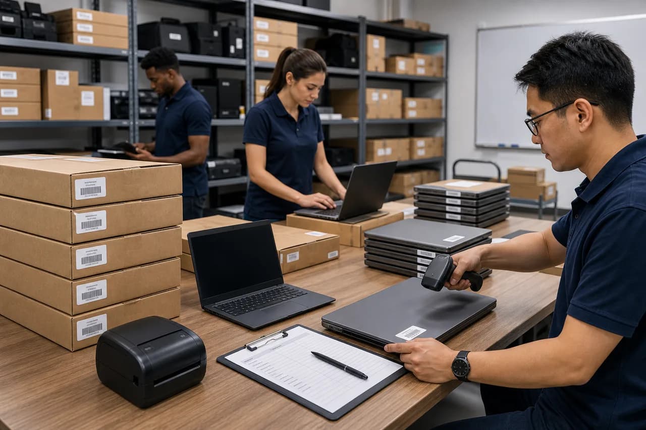Asset-tagged IT hardware shipment prepared for organized business deployment