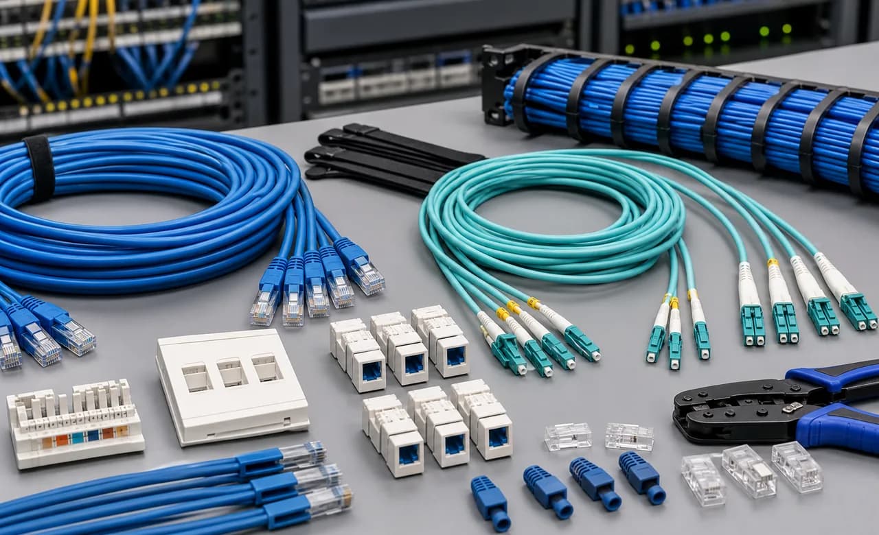 Structured Cat6A and fibre cabling prepared for installation in a business facility