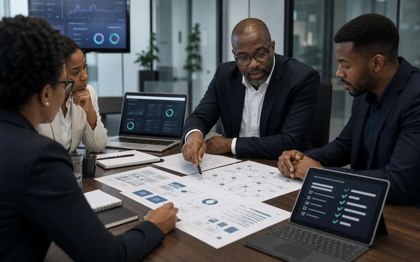 IT consultant reviewing infrastructure audit diagrams and risk findings with a client team