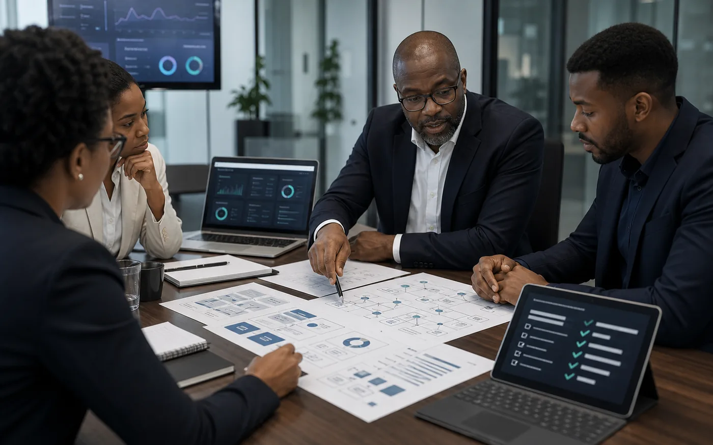 IT consultant reviewing infrastructure audit diagrams and risk findings with a client team