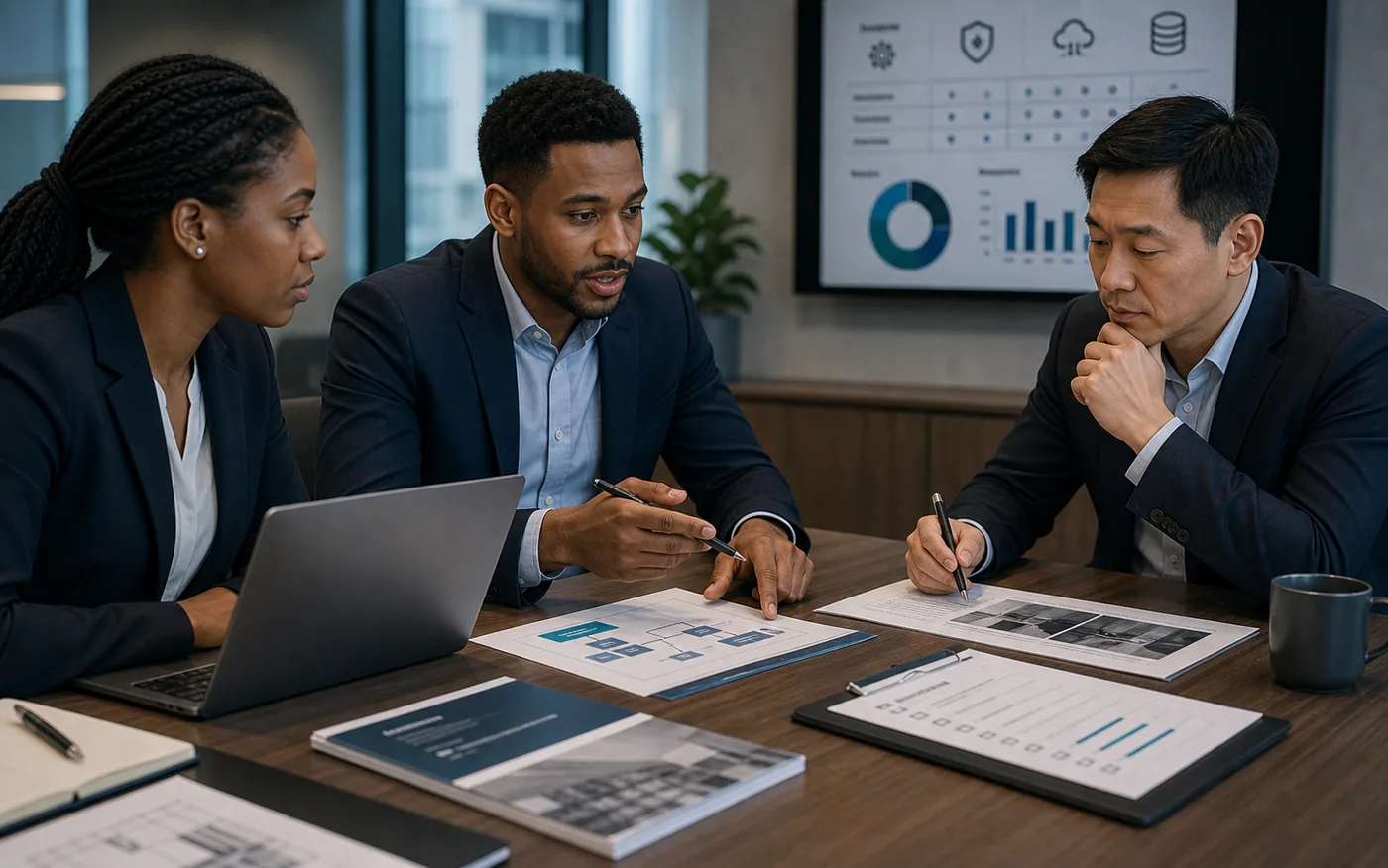 Technology advisor developing IT policy and governance documents with stakeholders