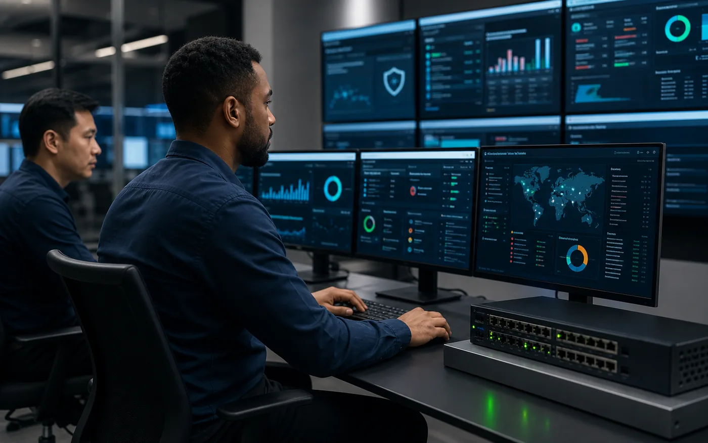 Security operations analysts reviewing firewall and patch monitoring dashboards