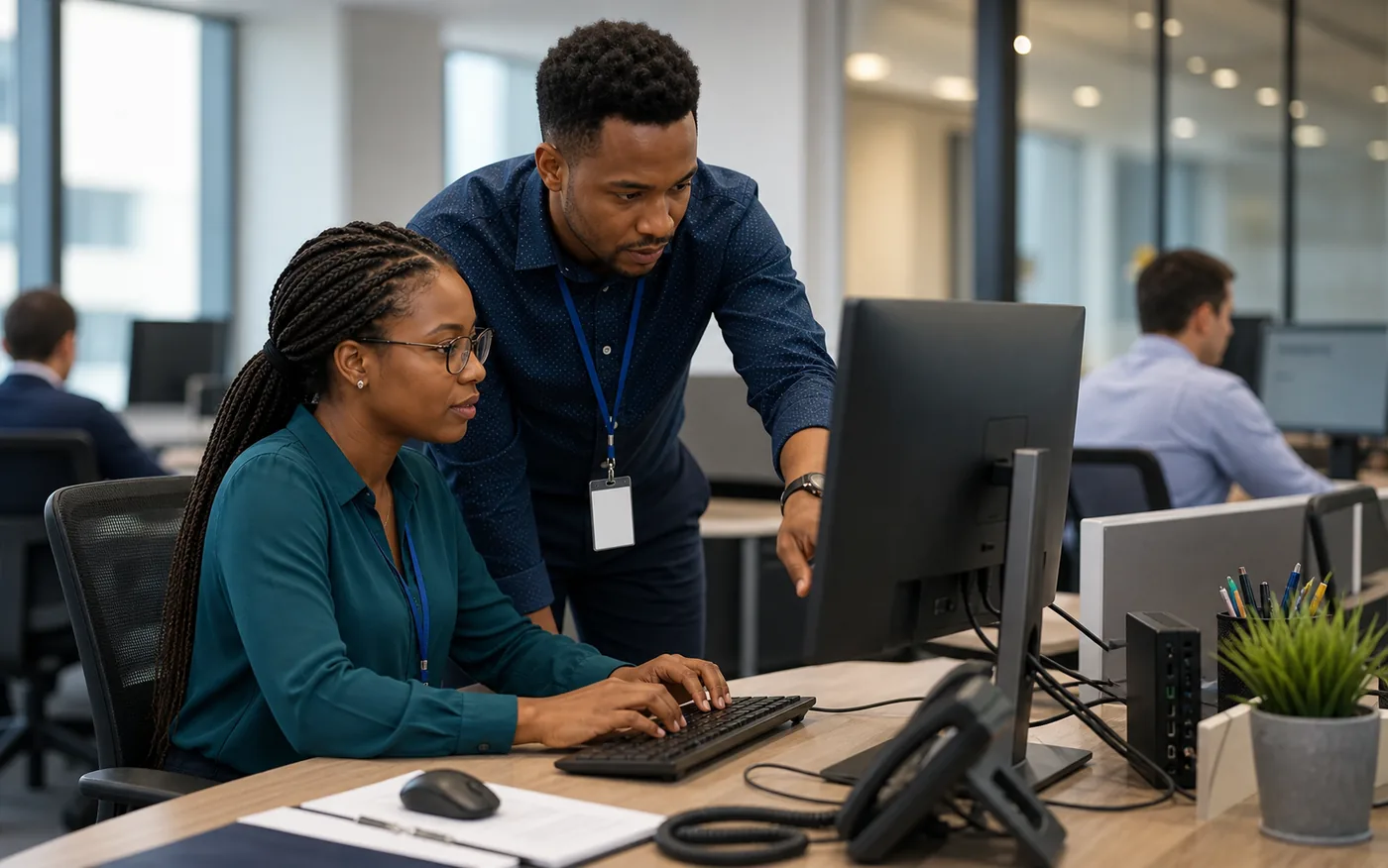 Dedicated outsourced IT engineer assisting an employee at a corporate workstation