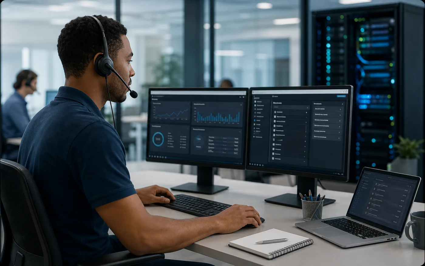 IT help desk engineer resolving support tickets from a professional support workstation
