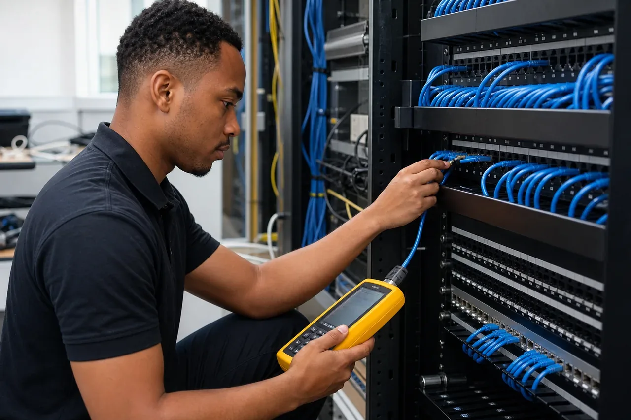 Technician generating certified network cabling test reports after installation