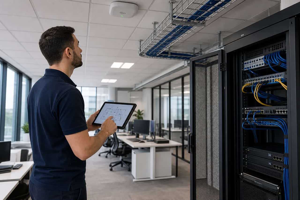 Network engineer performing a site survey inside a modern office environment