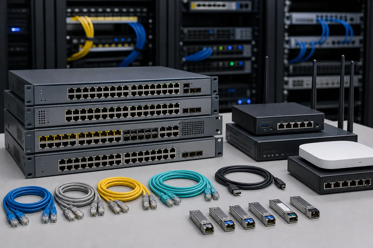 Routers and switches staged for business network installation