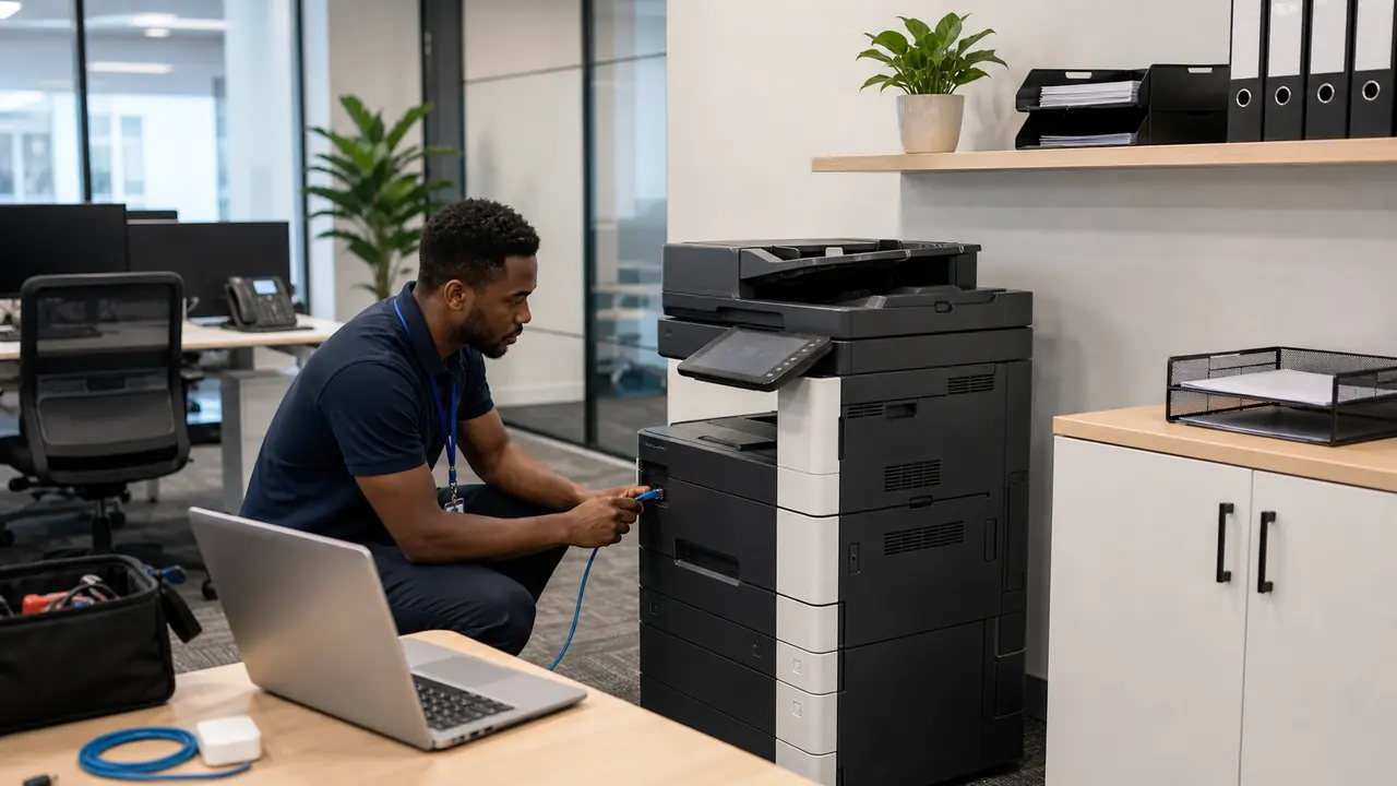 Modern office multifunction printer installed and ready for business use