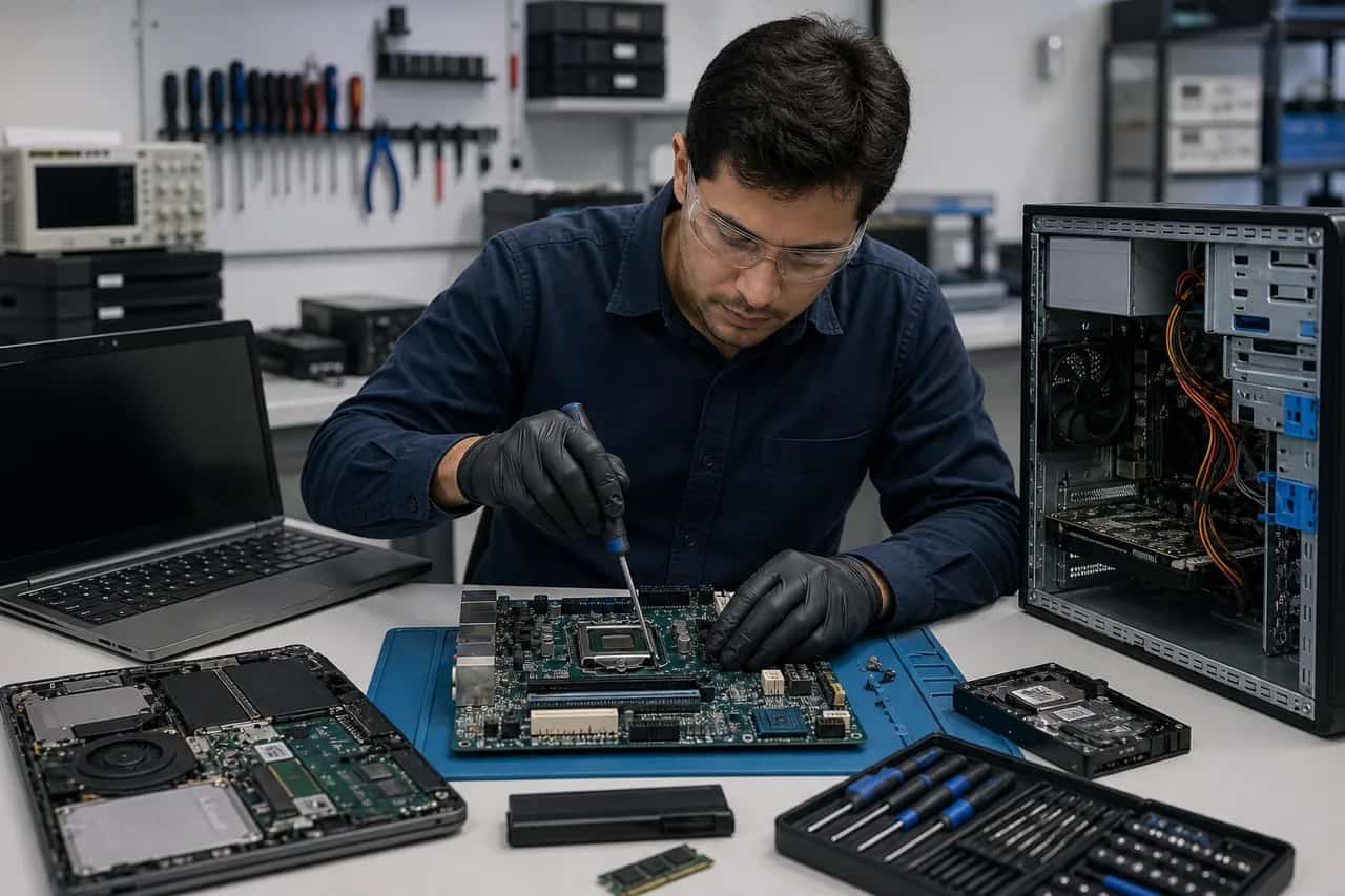 Technician repairing a business laptop and desktop hardware components on a clean workbench