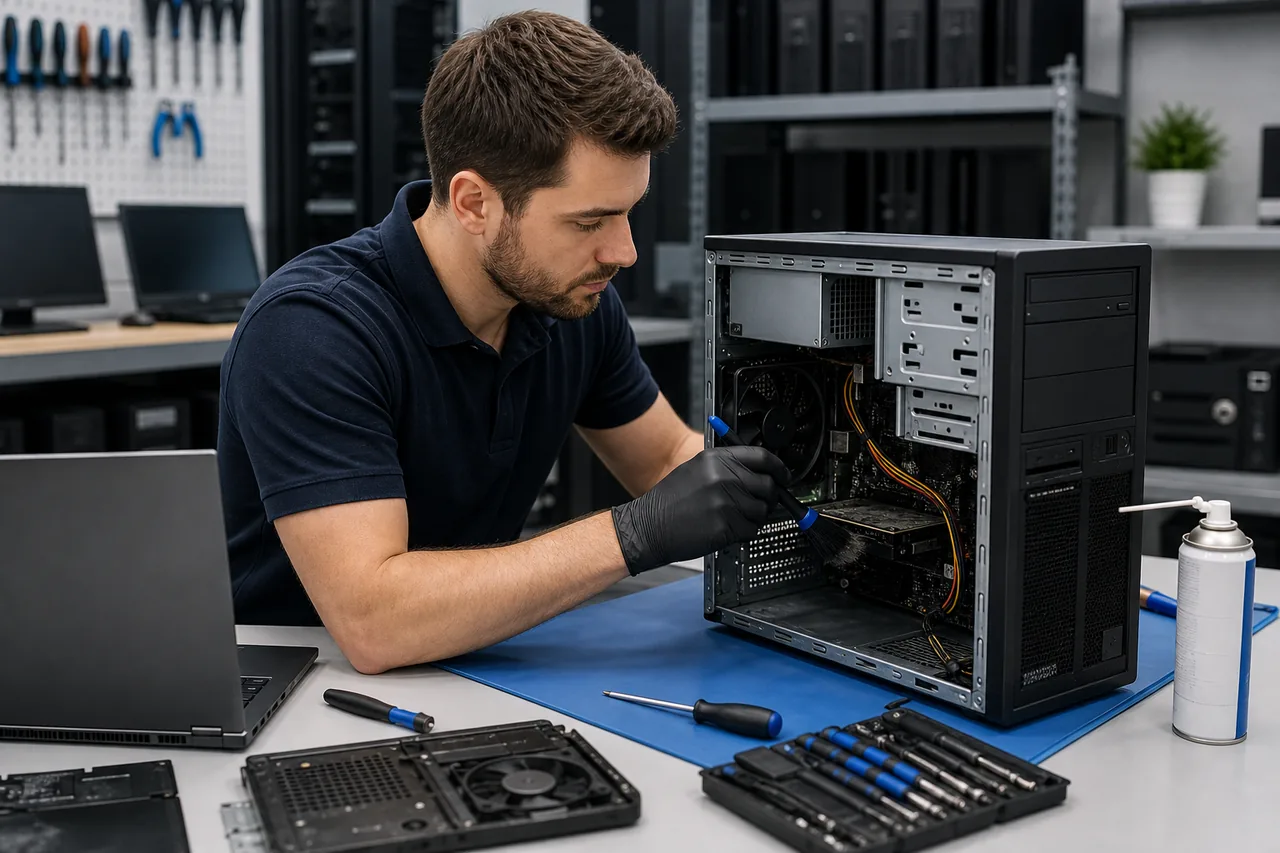 Technician performing preventive maintenance on business IT equipment