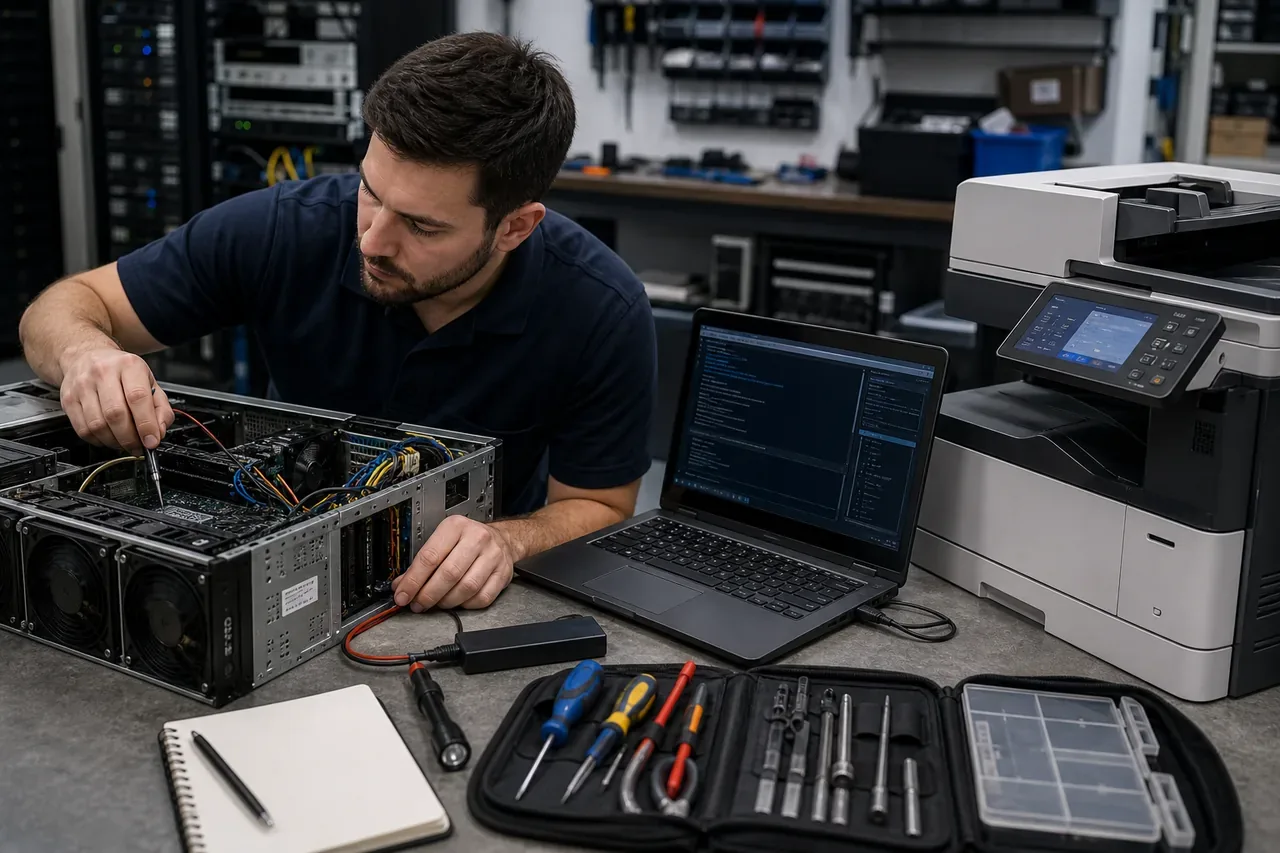 Engineer repairing server hardware components in a professional equipment room