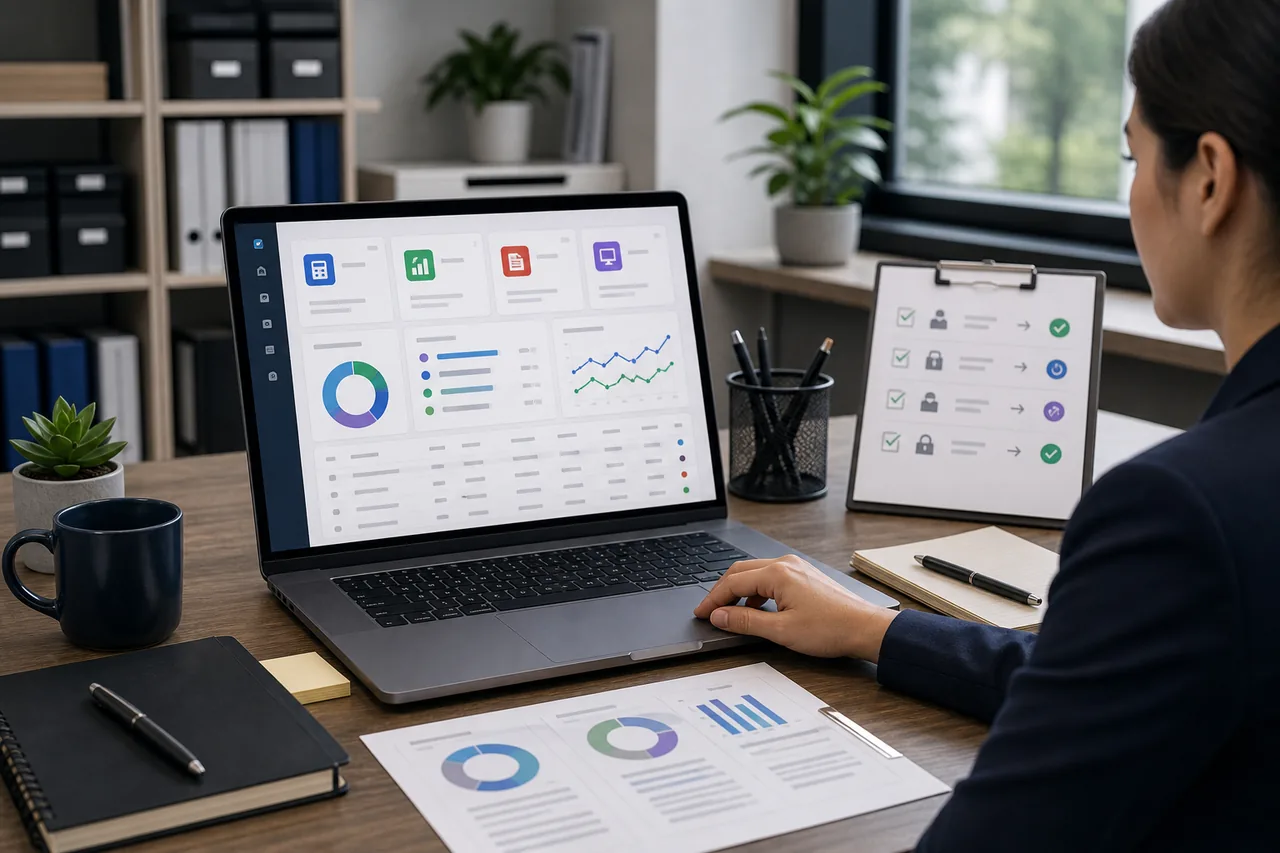 Business software licensing workspace with accounting remote access and PDF tool dashboards