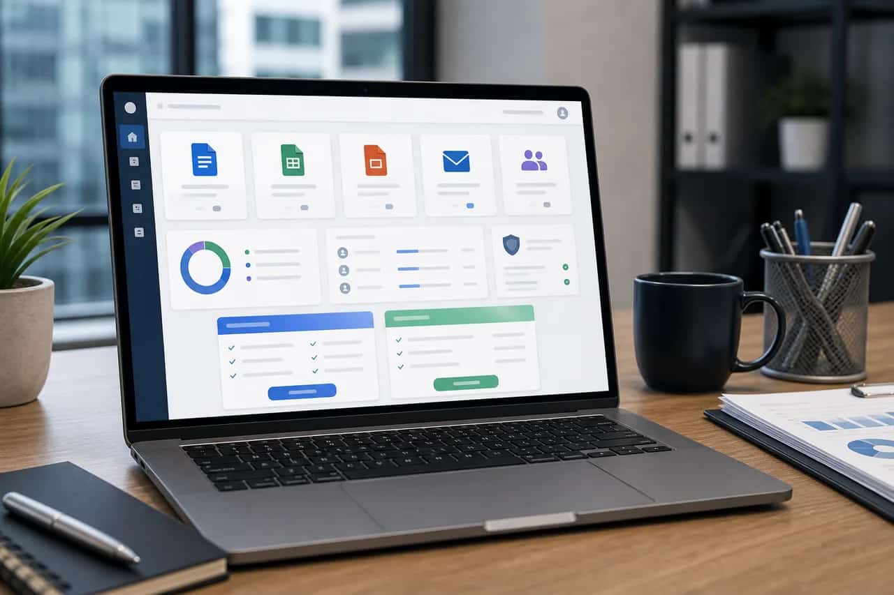 Office productivity application licensing dashboard on a business laptop