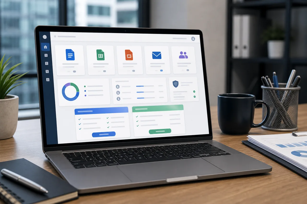 Office productivity application licensing dashboard on a business laptop