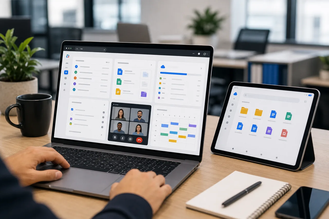 Cloud collaboration workspace dashboard with mail documents drive and calendar tools