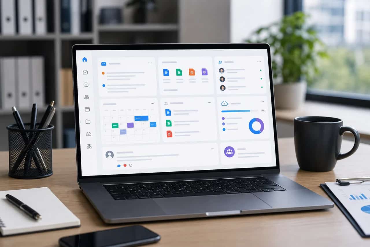 Microsoft 365 cloud workspace dashboard with email collaboration and document storage