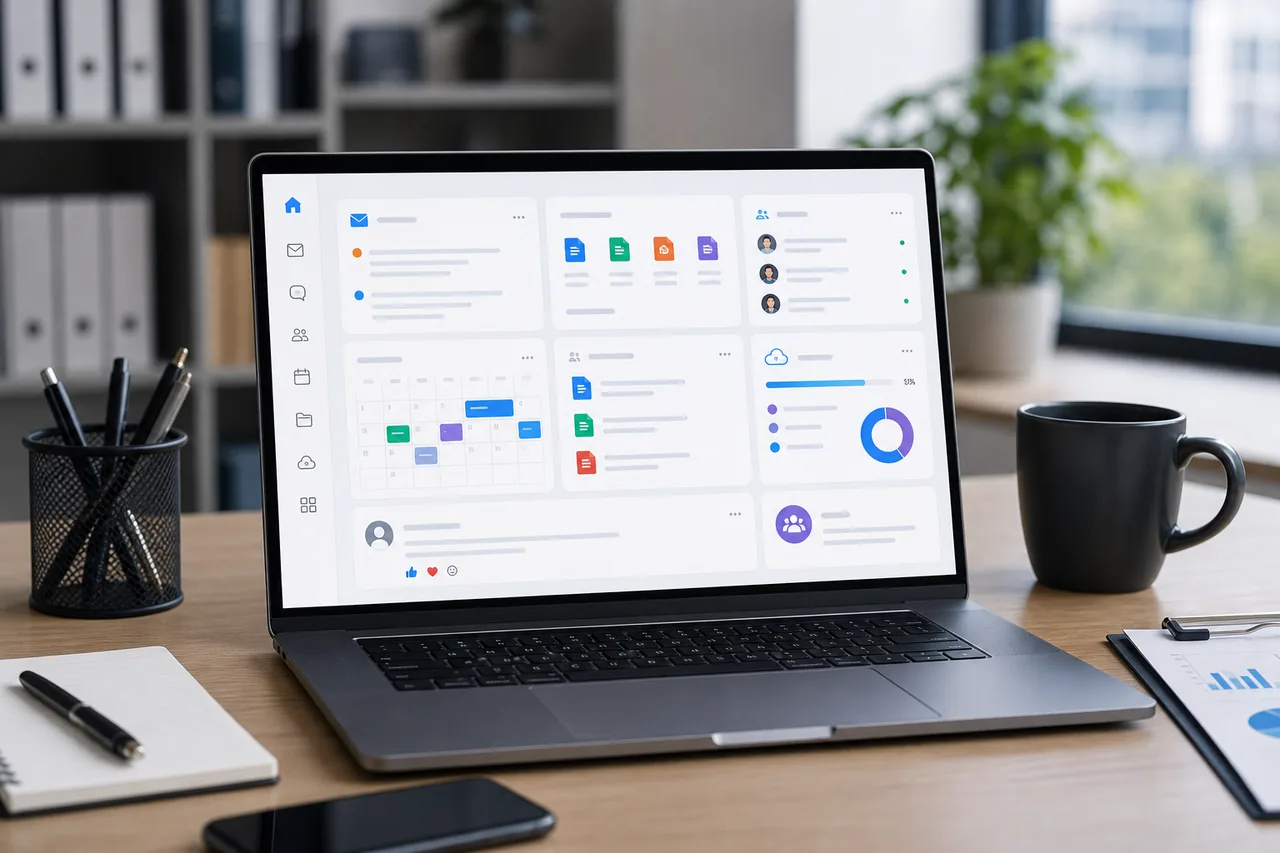 Microsoft 365 cloud workspace dashboard with email collaboration and document storage