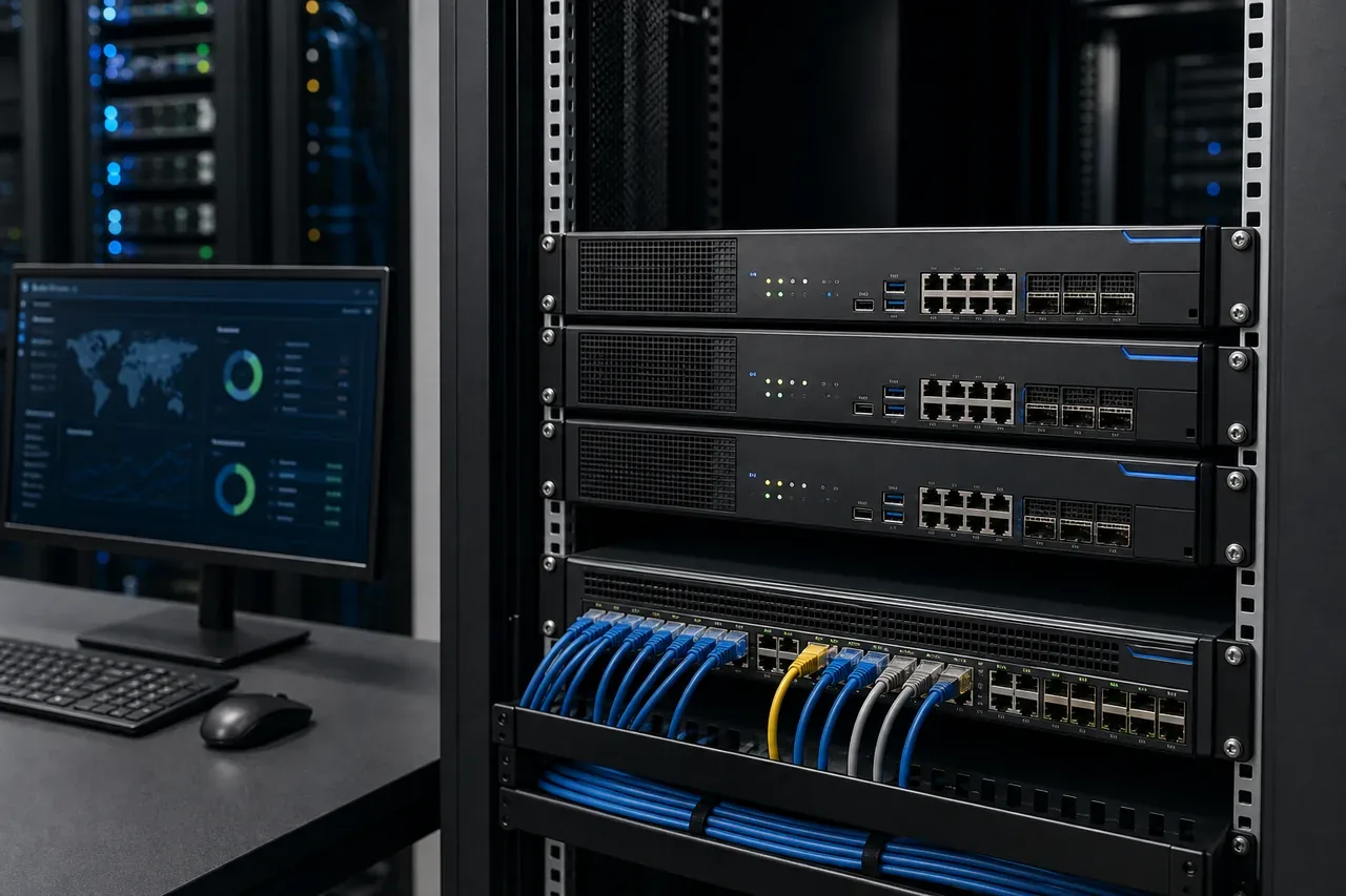 Enterprise firewall appliance and security dashboard prepared for business network protection